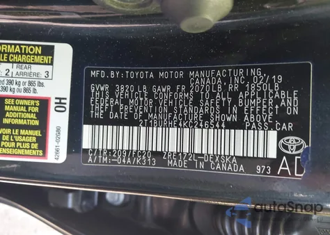 2019 Toyota Corolla Se z USA, uszkodzony, nr VIN 2T1BURHE4KC246544